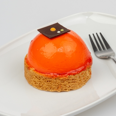 sinaasappel bavarois bol met een sloffendeegbodem met chocoladedecoratie sinaasappel bavarois bol met een sloffendeegbodem met chocoladedecoratie