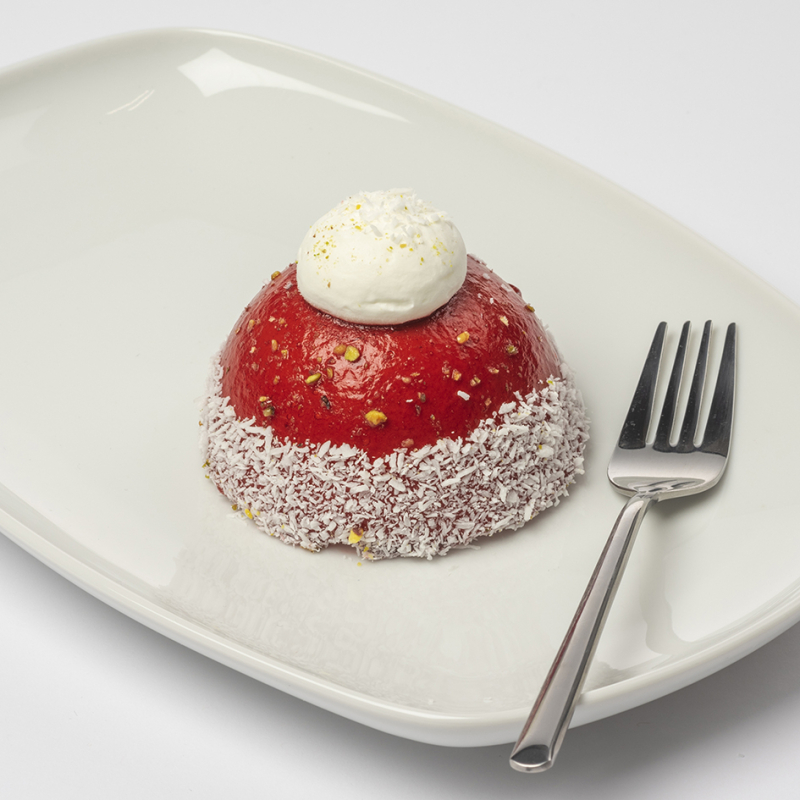 kerstmutsje, frambozen bavarois met frambozenvulling 